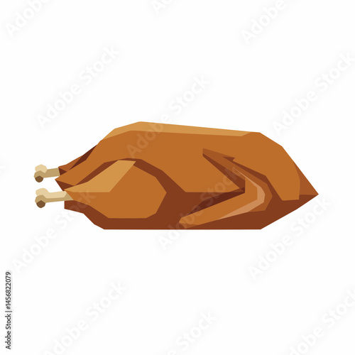 Roasted, geometric turkey with a crispy, brown skin, and a bone sticking out