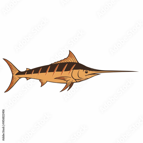 Cartoon image of a marlin with its recognizable long bill and striped pattern, on white backdrop