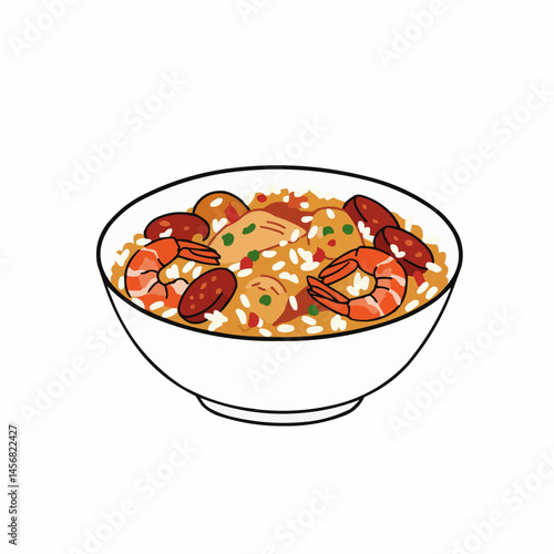 Rice dish with shrimps and sausages, served on a plate with green and red peppers