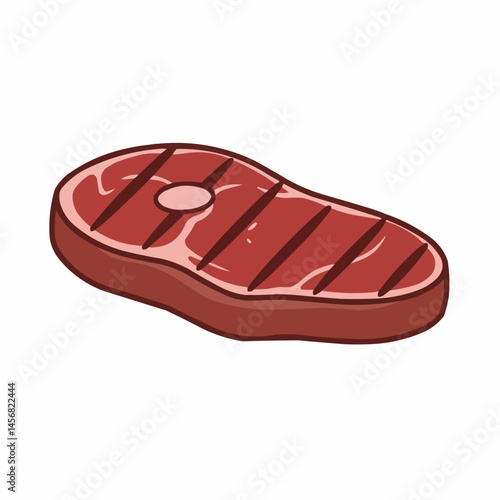 Cartoon steak with grill marks, pink marbling, and fat. Meat close up