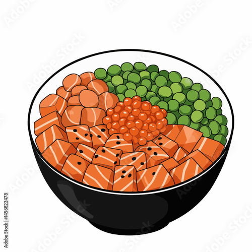 Colorful bowl of peas, salmon, and roe presented in a plate. Fresh and flavorful