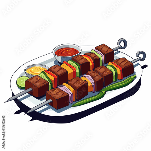 Illustration of meat and veggie skewers with dipping sauces on a plate