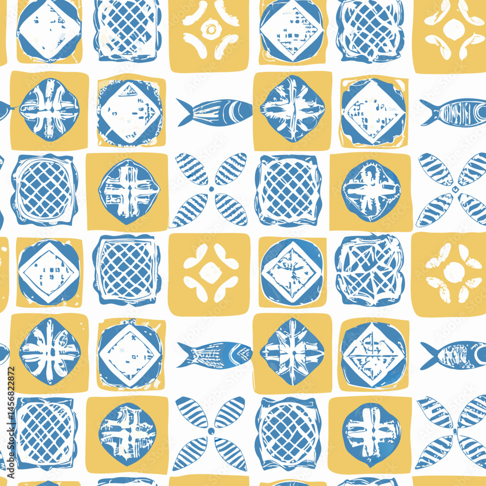 Portugal sardine and tile ornament seamless pattern Portugal sardine and tile ornament seamless pattern