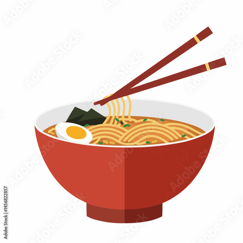 Appetizing bowl of noodles in broth, garnished with seaweed, held with chopsticks