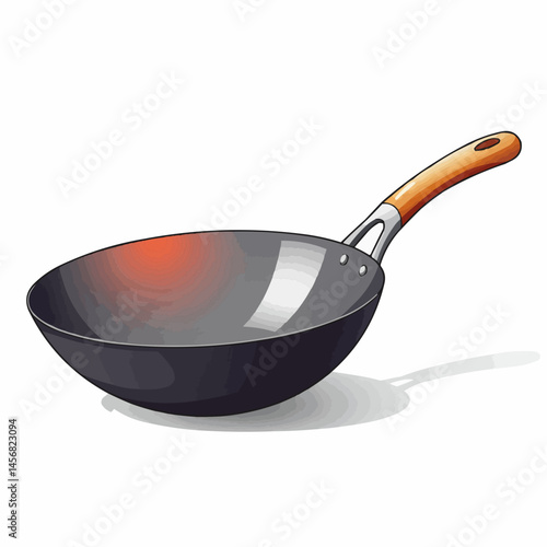 Cartoon depiction of a gray wok with a wooden handle, shown from a low angle