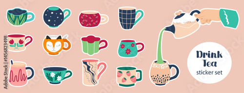 Set of stickers with cups and mugs of different shapes. Tea party. Vector illustration.