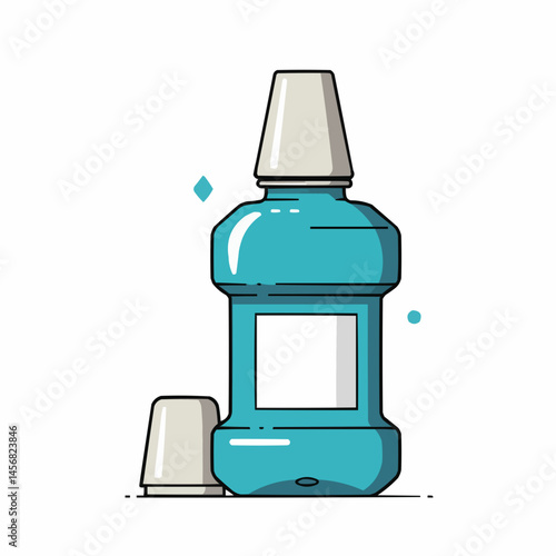 Cyan bottle with a gray cap and a small cyan diamond shape beside it