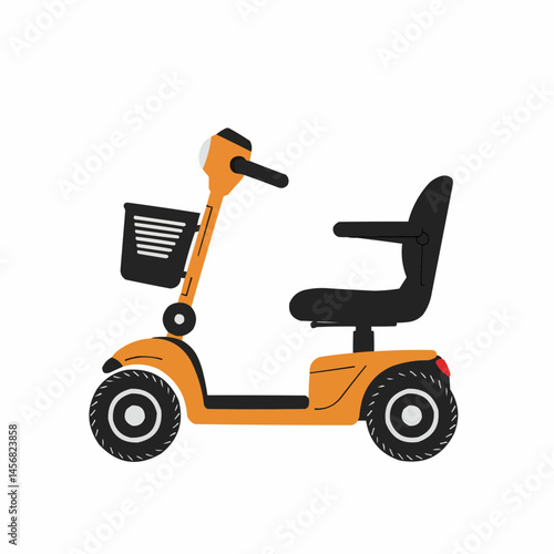 Orange scooter with black basket and handle on white background
