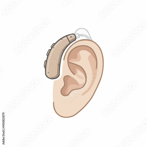 Hearing aid is placed on an ear, providing assistance with hearing for people