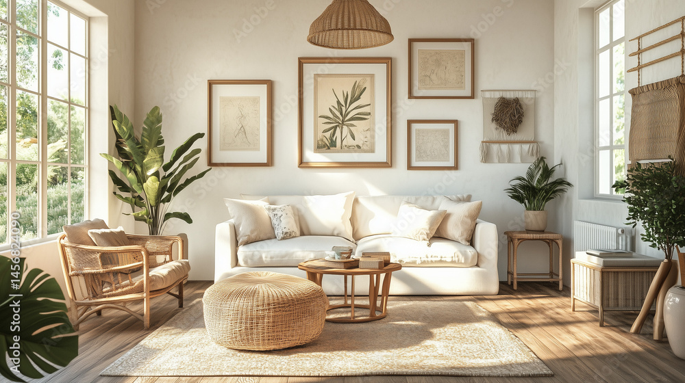 Relaxed, lived-in contemporary boho style interior with natural light, a gallery wall, wide landscape format 16:9 Relaxed, lived-in contemporary boho style interior with natural light, a gallery wall, wide landscape format 16:9