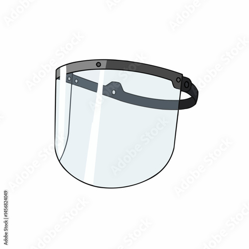 Graphic rendering of a face shield, focusing on the gray frame & clear visor