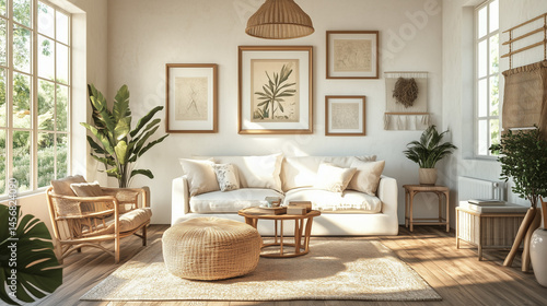 Relaxed, lived-in contemporary boho style interior with natural light, a gallery wall, wide landscape format 16:9