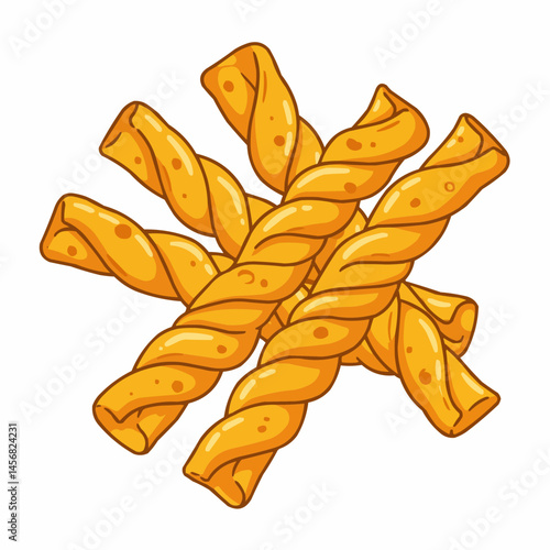Twisted, cartoon fried bread, golden brown color, brown edges, and white background