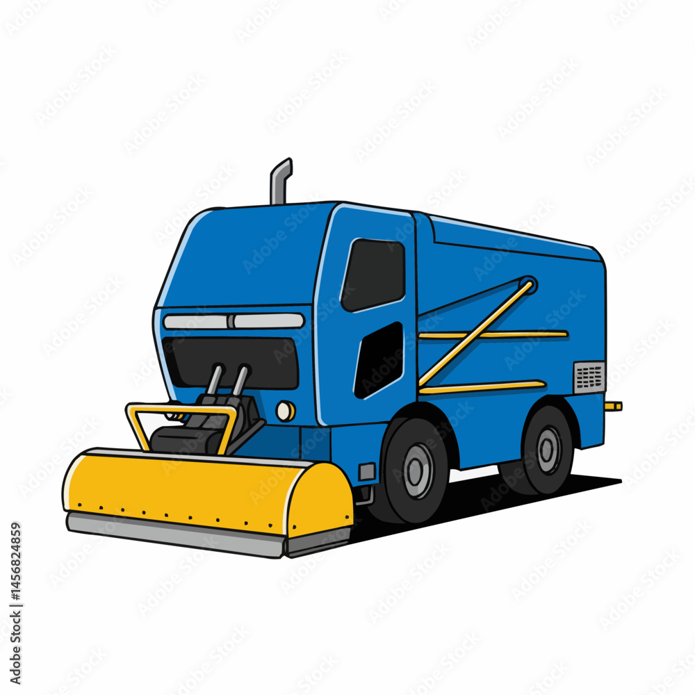 Naklejka premium A blue truck has an exhaust pipe. There are yellow stripes on the side of the truck