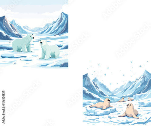 Vsai polar bears and seals relaxing on arctic ice floes