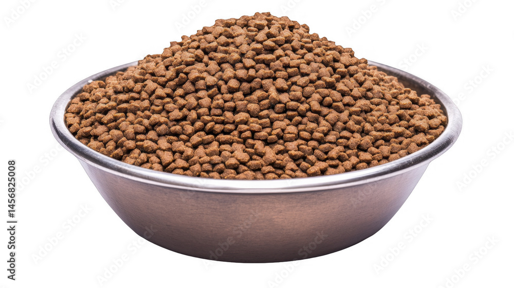 Abundance of dried brown pet kibble overflows from a metallic bowl, presented against a stark background, inviting pet care. on a transparent background, PNG image, PNG file. Abundance of dried brown pet kibble overflows from a metallic bowl, presented against a stark background, inviting pet care. on a transparent background, PNG image, PNG file.