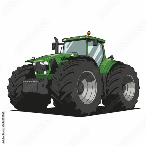 Illustration of a green agricultural tractor, angled view, bold lines and color blocking