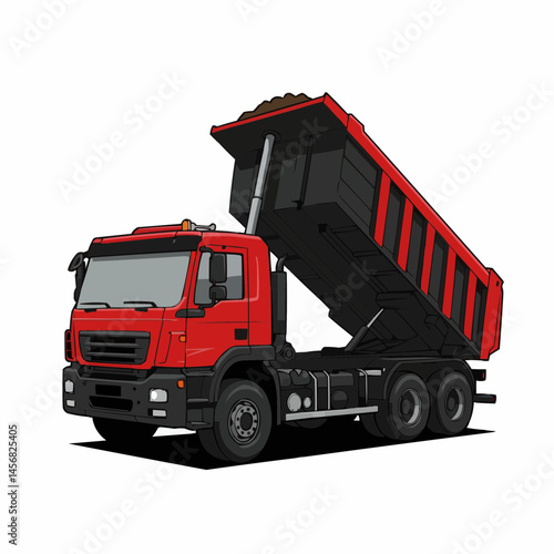 A bright red dump truck with its bed raised, revealing a load of dirt