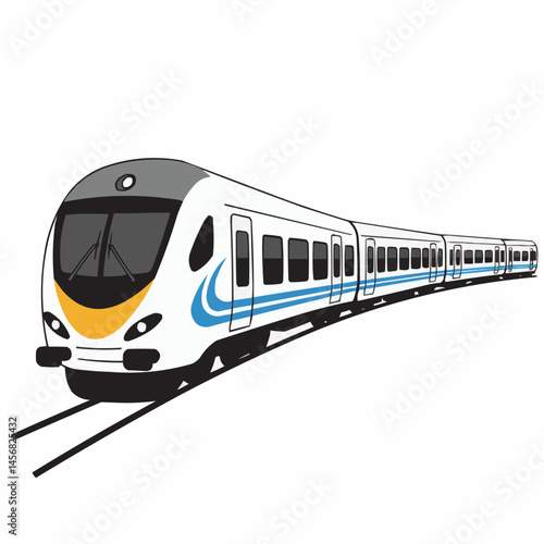 An illustration of a gray and white passenger train speeding into the distance