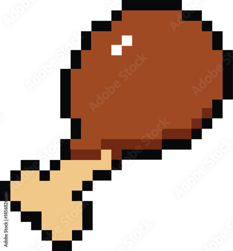 8 bit pixel fried chicken. Delicious chicken. Chicken leg pixel art icon. flat style.