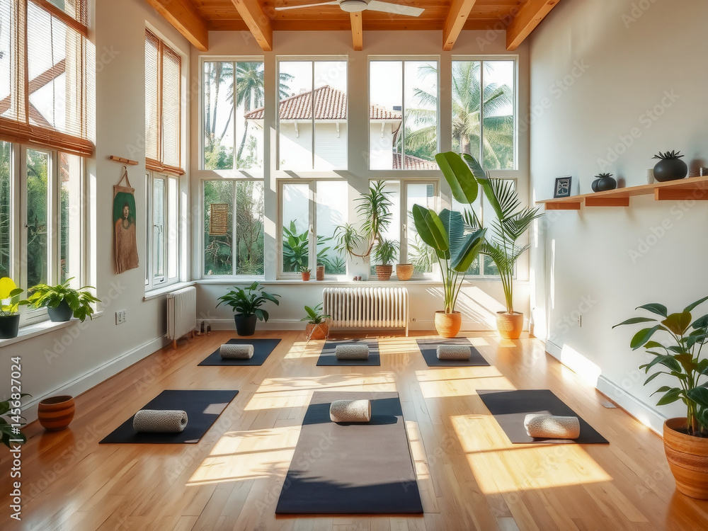 A yoga studio with a lot of plants and a lot of windows. The room is bright and airy, with a lot of natural light coming in from the windows. The plants add a touch of greenery and life to the space