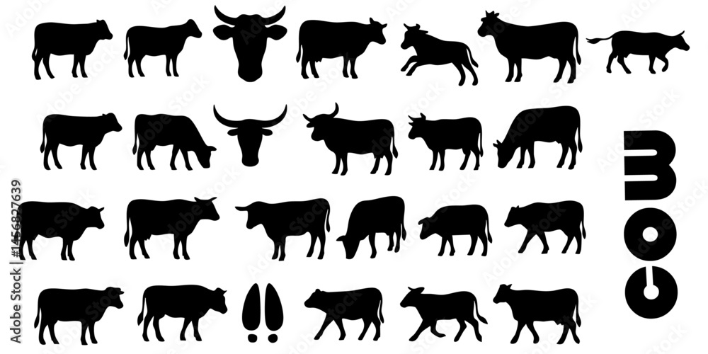 Cow and Buffalo Silhouettes in Various Poses and Positions – Vector Illustration Set Cow and Buffalo Silhouettes in Various Poses and Positions – Vector Illustration Set