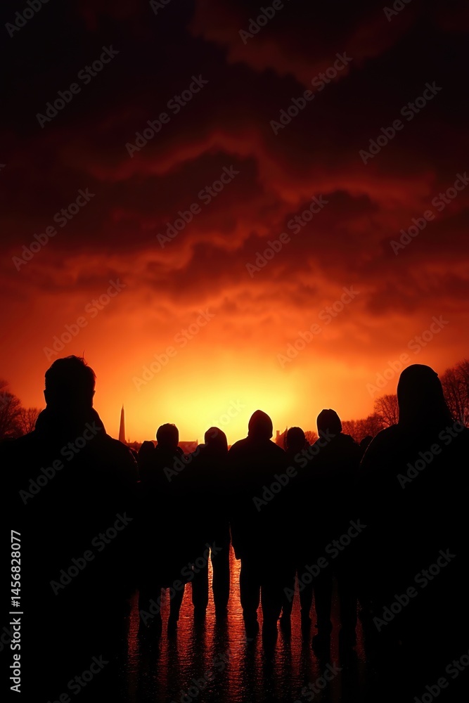 A group of people standing in front of a sunset A group of people standing in front of a sunset