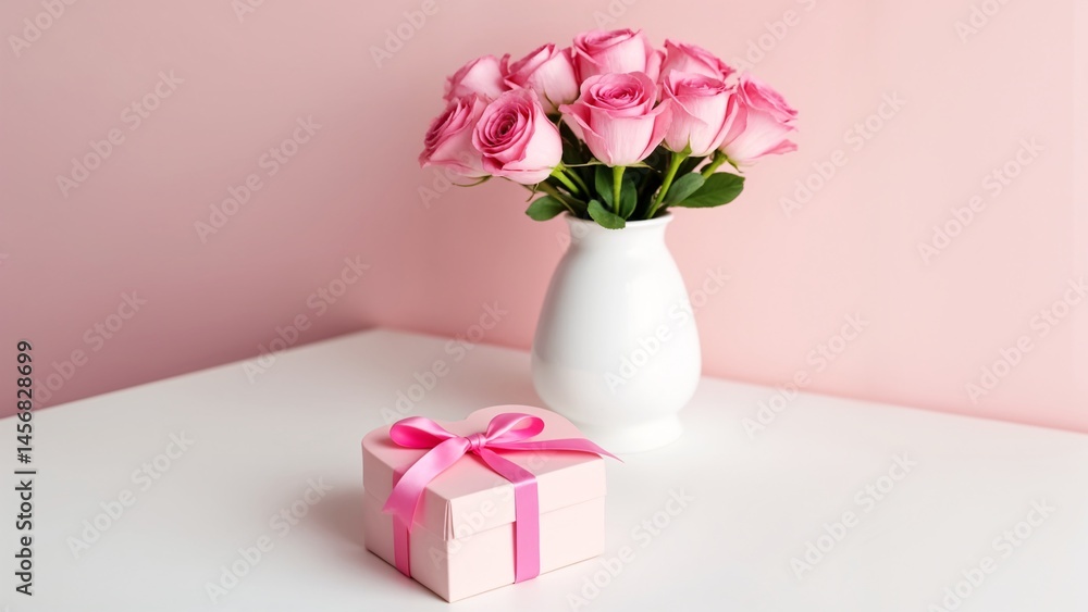 Naklejka premium A white vase filled with pink roses next to a pink gift box.
