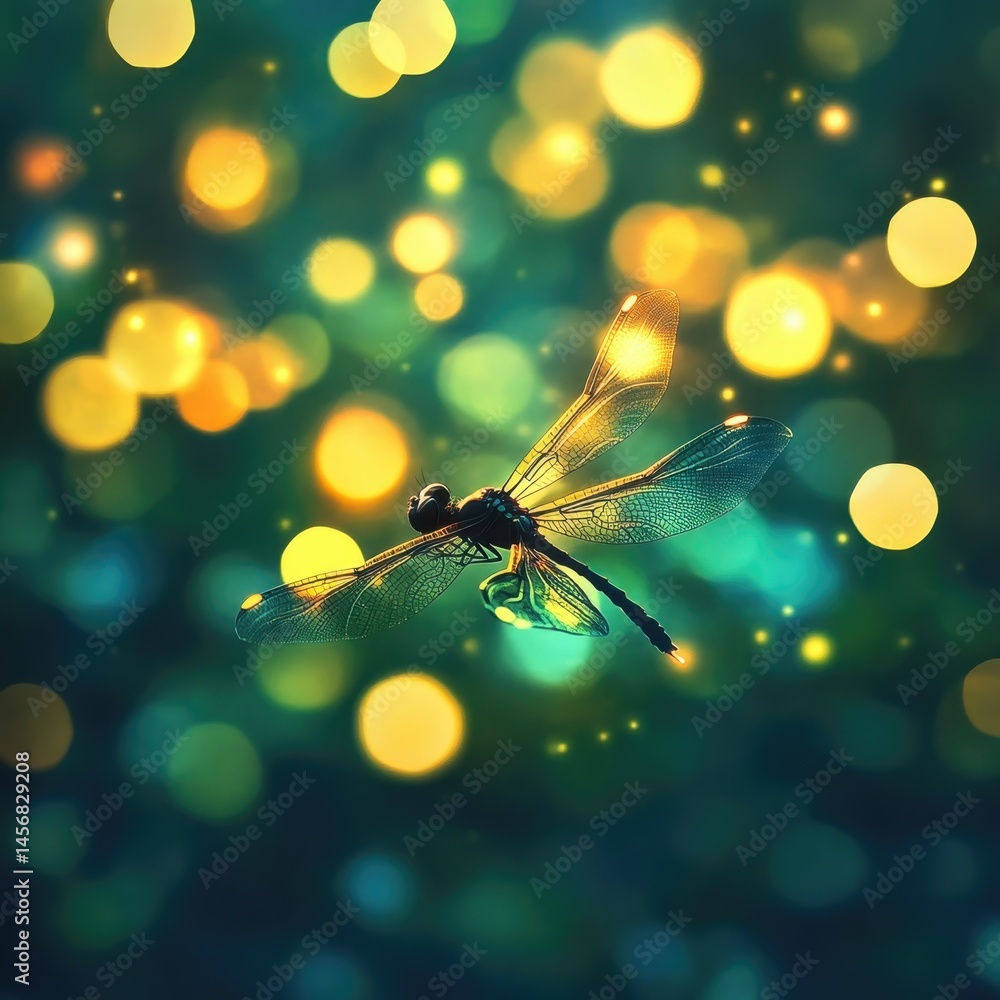 A dragonfly flying through the air with bokeh lights in the background A dragonfly flying through the air with bokeh lights in the background