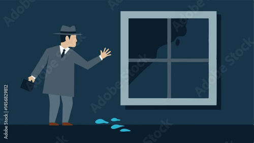 Footprints An illustration of a detective pointing at footprints in the dirt outside the broken window with the broken pane framed in the background.