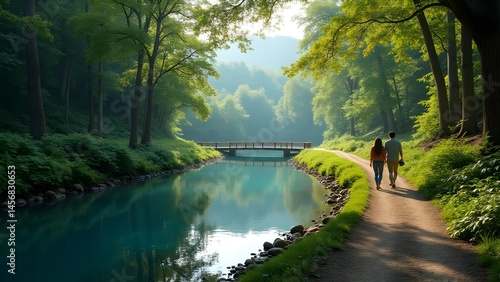 Romantic couple walking by a tranquil river in a lush forest, crossing a wooden bridge in a peaceful landscape