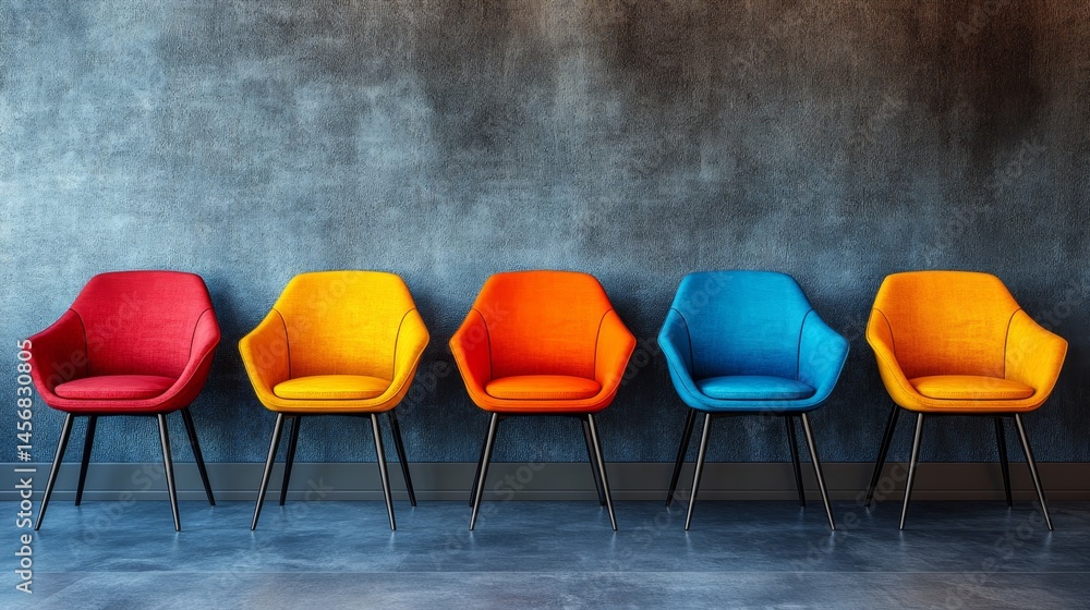 Obraz premium Colorful modern armchairs in row against dark textured wall background.