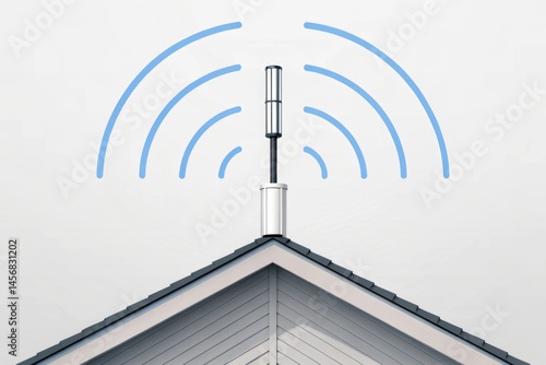 5G antenna on rooftop with dynamic lines representing signal transmission Wireless antenna on a rooftop emitting signals in waves.