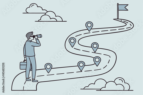 1 business strategy, winding path, location pins, goal achievement, cartoon illustration, blue background, businessman with binoculars, upward trajectory, minimalist design, journey metaphor, stepping