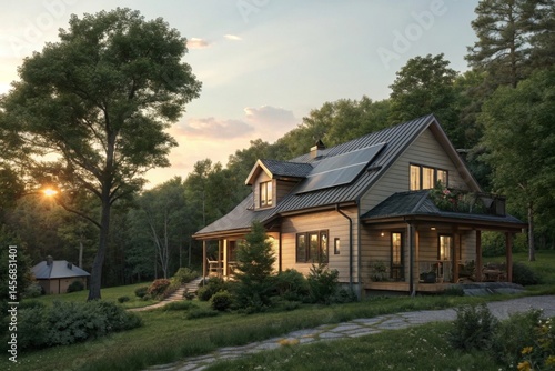 Wallpaper Mural Cozy home with solar panels surrounded by greenery late afternoon light exterior shot of sustainable architecture Torontodigital.ca