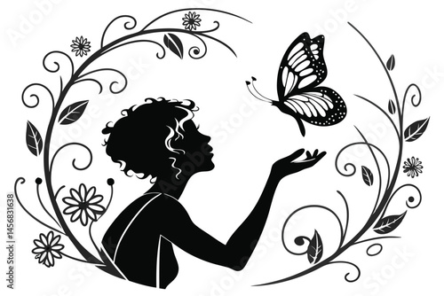 Elegant Black Silhouette of a Woman with a Butterfly in Floral Frame, Vector Design for Graphics and Decoration.