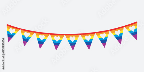 Rainbow Heart Pride Bunting Vector, Pride Month Bunting Banner. Colorful Rainbow Bunting With Pride Month Text Isolated on Blue Background. LGBTQ Bunting Banner. Vector Illustration