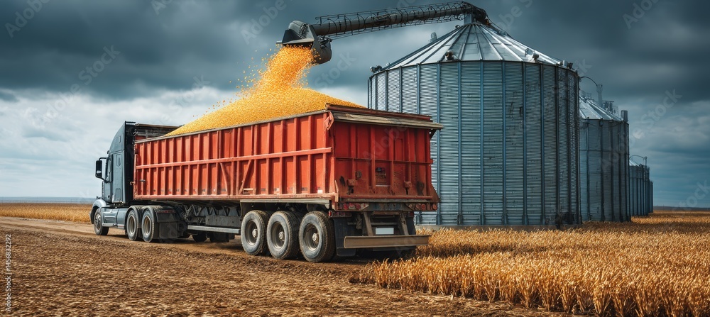 Wheat grain poured into a transport truck. Agriculture farming business. Generative AI technology.