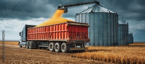 Obraz na płótnie Wheat grain poured into a transport truck. Agriculture farming business. Generative AI technology. w salonie