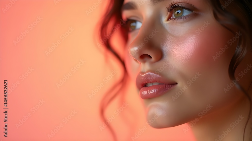 custom made wallpaper toronto digitalRadiant Beauty: Close-Up Portrait of a Young Woman with Flawless Skin and Glossy Lips, Exuding Elegance and Glamour.