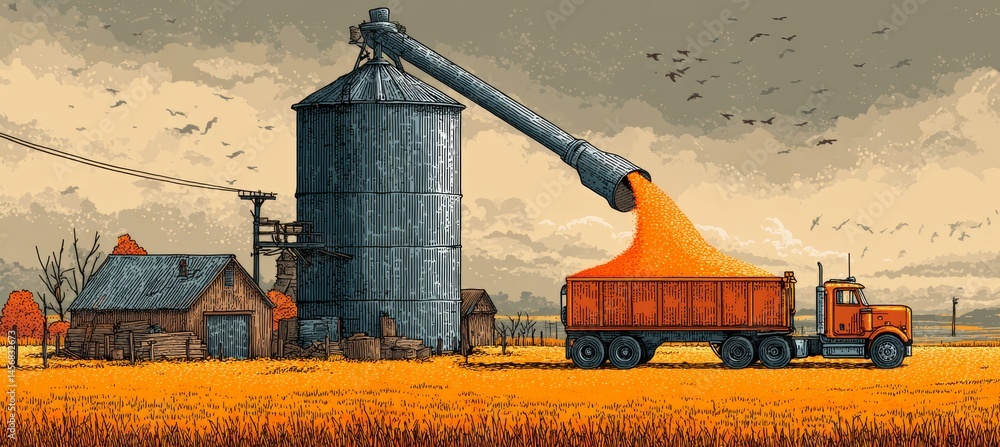 Wheat grain poured into a transport truck from silo. Agriculture farming business. Generative AI technology.