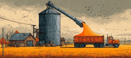 Obraz na płótnie Wheat grain poured into a transport truck from silo. Agriculture farming business. Generative AI technology. w salonie