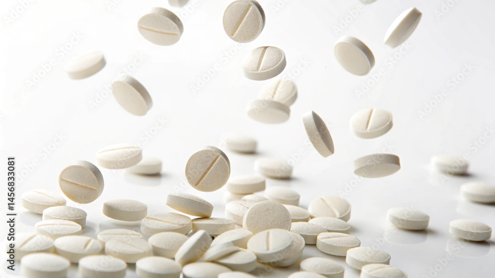 The photograph captures white oval tablets, some falling and featuring a score, isolated on white, suggesting their use as medication within the healthcare industry. The photograph captures white oval tablets, some falling and featuring a score, isolated on white, suggesting their use as medication within the healthcare industry.