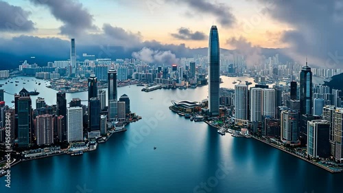 Hong Kong skyline at sunrise, harbor views
