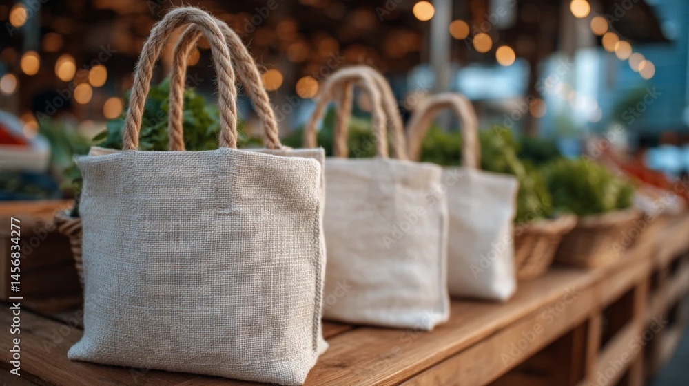 Obraz premium shopping bags in the market lifestyle with eco-friendly grocery bags at farmer’s market, 