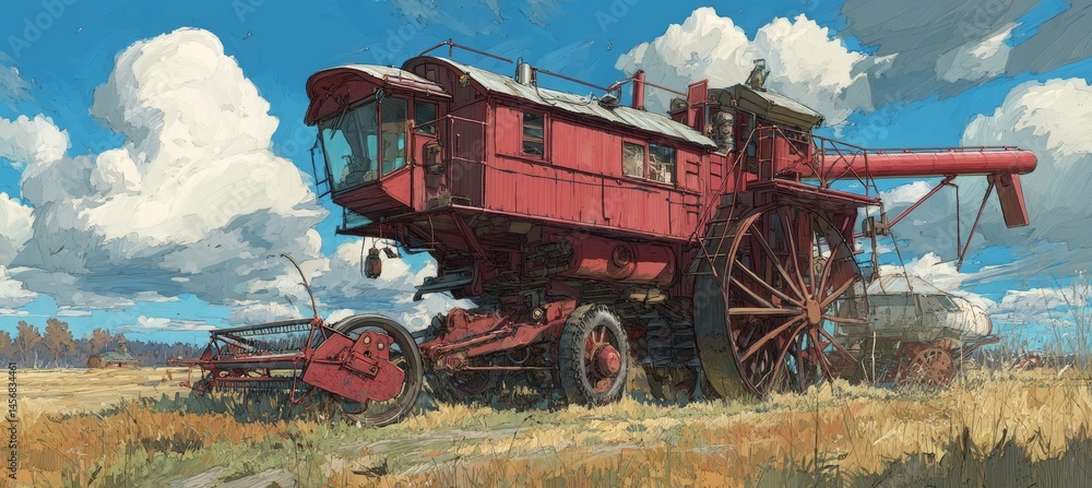 Old vintage combine harvester vehicle machine. Agriculture farming business. Generative AI technology.