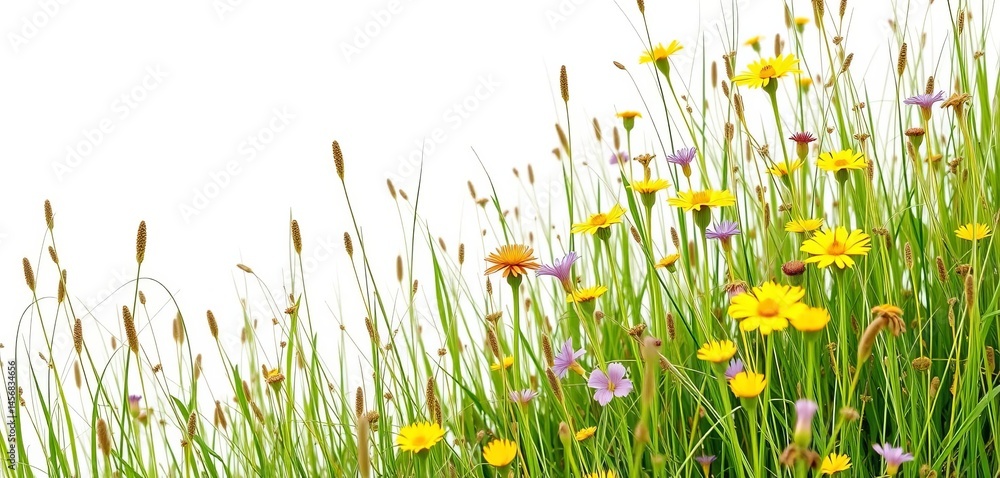 Fototapeta premium Delicate meadow grasses, yellow & purple wildflowers, white background, colorful, blossom
