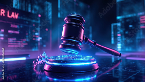 Glowing Judge’s Gavel in Futuristic Digital Environment – AI Law, Cybersecurity, Blockchain Justice, and Legal Technology Innovation