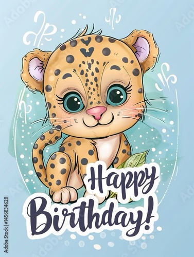 Illustrazione di un cucciolo di leopardo con grandi occhi blu e un aspetto carino. Sotto la scritta 