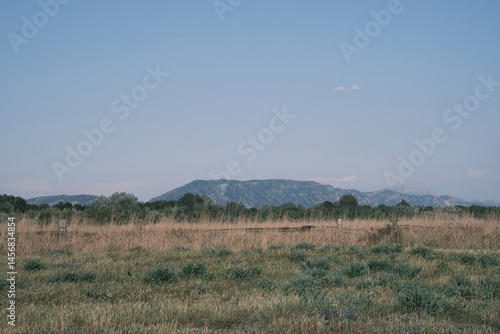 Calm landscape of field and mountains in spring peaceful atmosphere